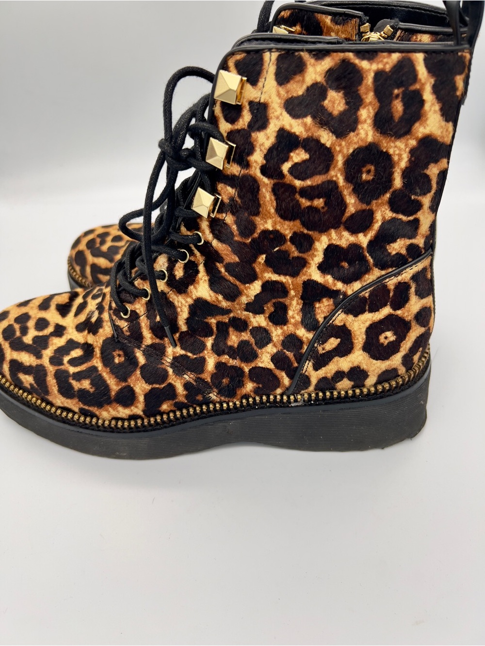 Michael Kors Leopard Print Lace-Up Ankle Boots with Gold Studs - Picture 3 of 7